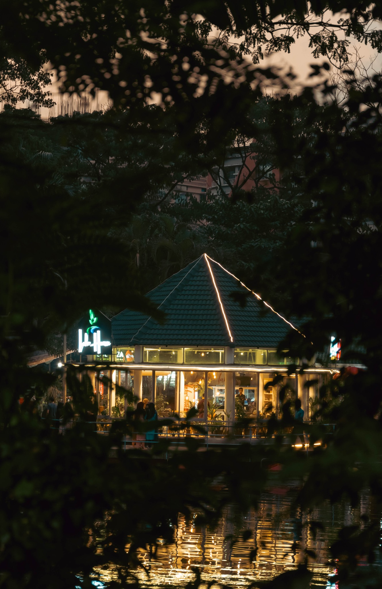 A warmly lit lodge seen through dark trees at night